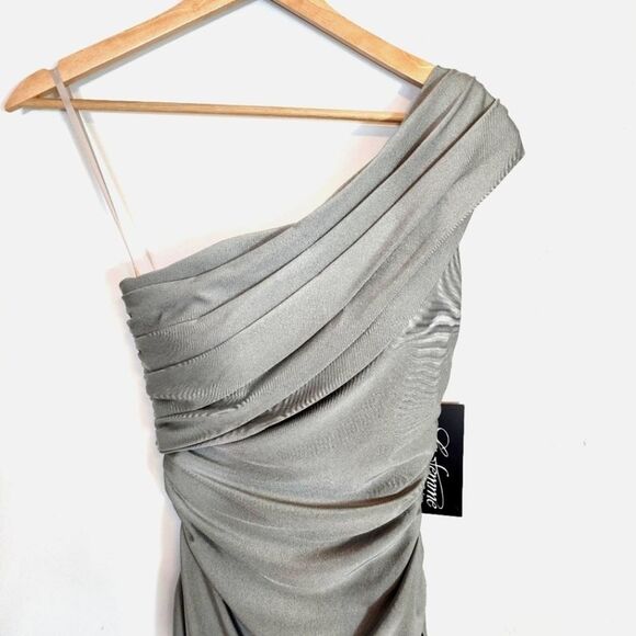 NWT La Femme 29619 One Shoulder Ruched Bodice Side Slit Jersey Gown Dress Size 0 - Picture 3 of 14